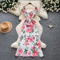 Robe longue décontractée pour femme, élégante, à imprimé floral, en dentelle, épaules dénudées, sans manches, coupe trapèze, pour le quotidien et les soirées