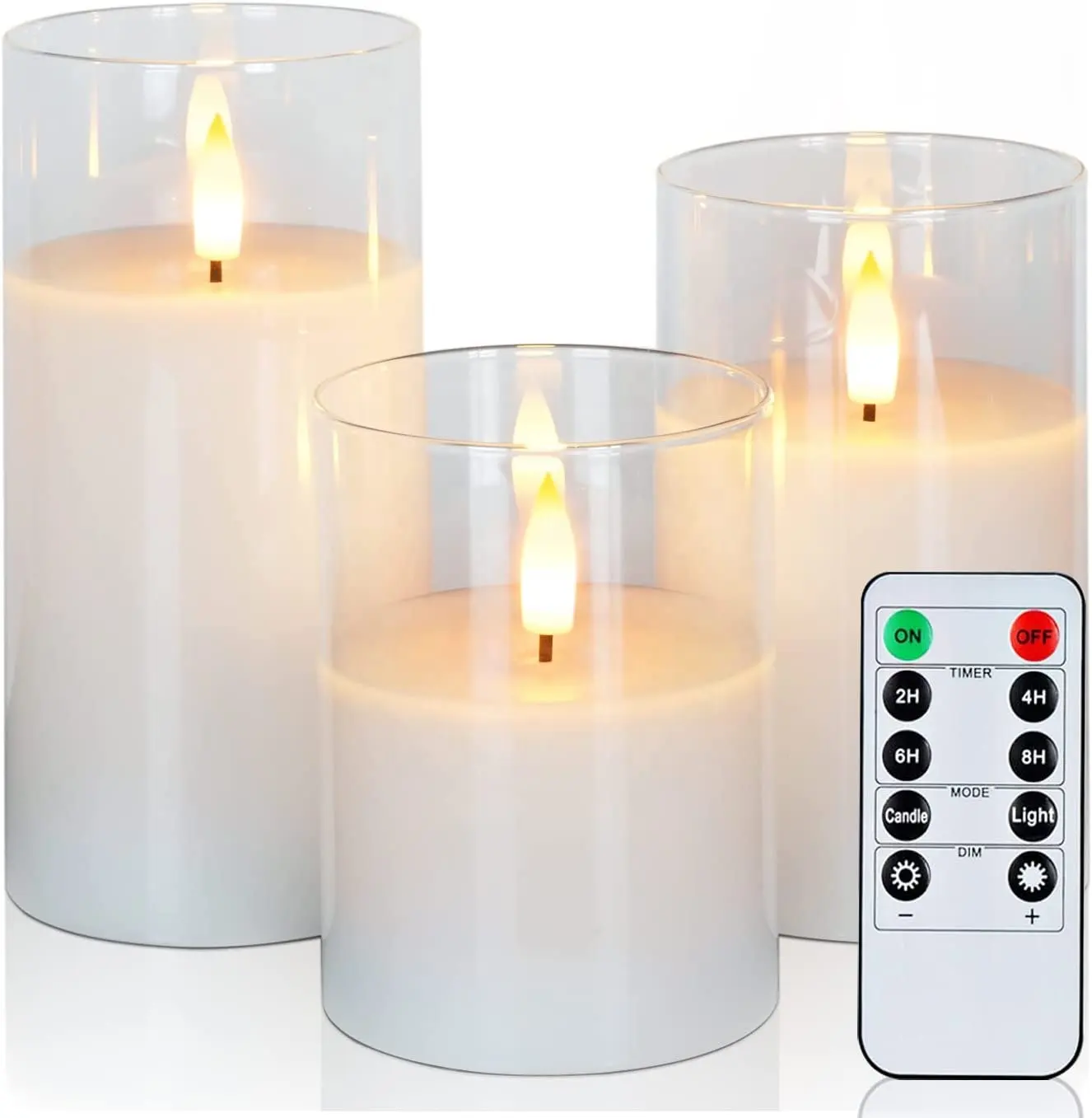 Bougies sans flamme en verre transparent avec minuterie, cire blanche Pure, bougies de pilier LED