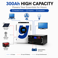 Système d'énergie solaire hybride 1,2 kW, batterie LiFePO4 haute capacité 300 Ah montée sur rack, kit complet pour la maison, la remise en route après une panne de courant, le camping-car, onde sinusoïdale pure 92%