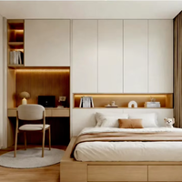Ensemble de chambre à coucher moderne en bois intégré avec armoire murale complète, bureau et étagère de présentation - Écologique, durable, personnalisable pour les hôtels