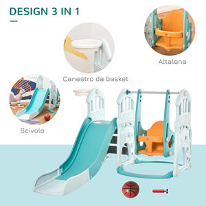HOMCOM-Tobogán infantil 3 en 1 con columpio ajustable, aro de baloncesto y pelotas para dormitorio y jardín infantil, 149x186x98cm, color azul - Product Image 4