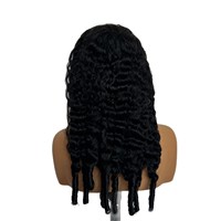 Perruque mi-longue bouclée en cheveux humains naturels birmans, avec frange noire, partie en V, tissée à la machine, permanente et teinte