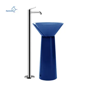Translucent Resin Blue Color Transparent Bathroom Freestanding Pedestal Hand Wash Basin