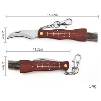 Couteau pliant pour la cueillette des champignons, lame incurvée en acier inoxydable 3Cr13, manche en bois avec brosse et porte-clés pour la cueillette de champignons en extérieur