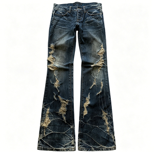 Jeans da Uomo Svasati Blu Scuro Lavato 2026 14oz Heavyweight Stile Y2K Streetwear con Effetto Usurato - Product Image 3