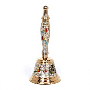 Cloche à main artisanale en laiton Meena avec motif religieux émaillé, plaquée or, décoration décorative pour la maison/la table, cadeau pour l'occasion Pooja - Product Image 1