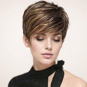 Parrucca da donna a capelli corti con <span class=keywords><strong>frangia</strong></span> obliqua, marrone dorato, resistente alle alte temperature, vendita diretta dalla fabbrica per il commercio estero - Product Image 4