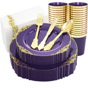 Elegant &amp; Sturdy Plastic Gold Green Black Purple White <strong>Disposable</strong> <strong>Plates</strong> and Cutlery Set for Weddings Catering Events - Product Image 6