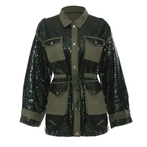 Áo Cardigan Ấm Chất Lượng Tốt Shinny Chắp Vá Quần Áo Bán Buôn Áo Khoác Cho Phụ Nữ Màu Xanh Ô Liu Long Lanh Sequin Của Phụ Nữ Áo Khoác