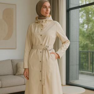 YXC014 Chic Muslim-Centric Beige <span class=keywords><strong>Long</strong></span> Top mit Kapuze und gemustertem Taillen gürtel Hand gefertigt Anti-Static Modest Matching Caramel Hijab - Product Image 1
