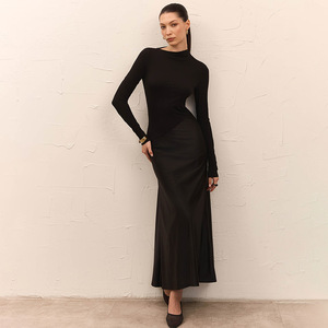 Robe midi moulante à col montant et manches longues pour femme avec fente, taille naturelle, confortable pour les loisirs - Product Image 3