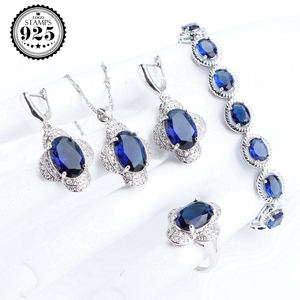 Azul zafiro 925 conjuntos de joyas de plata esterlina Boda nupcial para mujer blanco CZ pendientes anillo pulsera colgante collar conjunto - Product Image 1