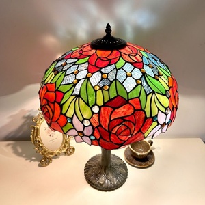 Longhuijing Tiffany Style Table Lamp 16 Inch High Stained Glass Rose Red Lampshade 2E27 Antique Reading <b>Lighting</b> Resin Base - Product Image 5