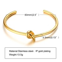 Bracelet manchette ajustable en acier inoxydable plaqué or 18 carats avec zircon, motif nœud, style minimaliste et tendance