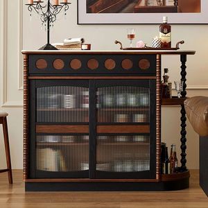 French Retro Style Solid Wood Bar Cabinet With Glass Doors And Open Storage For Living Room Or Entryway - Product Image 1