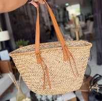 Sac de plage vintage chic pour femme en paille tressée à la main avec deux embellissements en cuir PU durable et perles, grande capacité