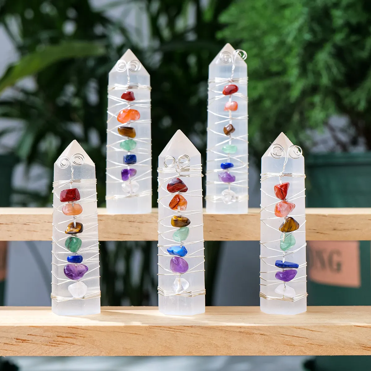 Natural cristal pedra Sete chakras selenito pedra varinha pontos para decoração desktop