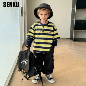 <span class=keywords><strong>T</strong></span>-<span class=keywords><strong>shirt</strong></span> décontracté à manches longues de style coréen pour garçon avec rayures contrastées Washed Technics - Product Image 3