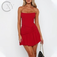 Robe mini sans bretelles personnalisée OEM pour femme, en mousseline unie lavable, avec corsage à baleines à taille naturelle, fermeture éclair au dos et devant