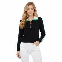 Pull tricoté personnalisé pour femme à faible MOQ, col contrastant demi-zip, manches longues, jacquard rayé, col polo