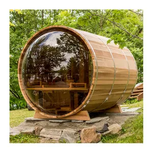 Sala de sauna de vapor exterior con barril de cristal panorámico