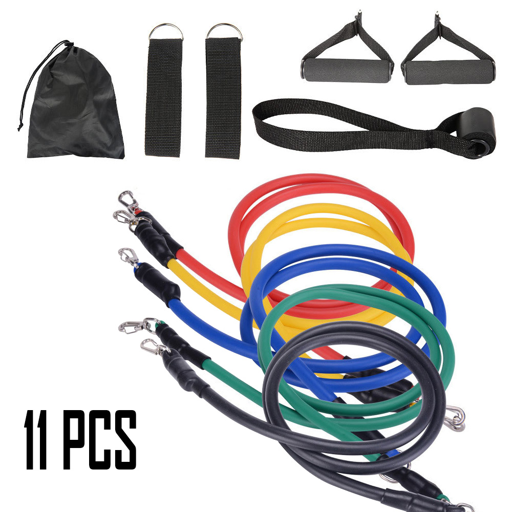 Комплекты питания для фитнеса с логотипом на заказ, силовая тренировка, эластичная резиновая трубка из термопластичного эластомера, комплект из 11 предметов с ручками, дверным АНКЕРОМ, ремнями на лодыжку