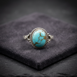 Natural Turquoise <b>Ring</b> 925 Sterling Silver Spiderweb Matrix Oval Cabochon Scrollwork Band Handcrafted Jewelry - Product Image 1