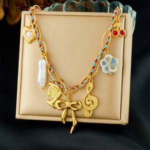 Gold Plated Musical Note Bow Heart Pendant Chain Colorful Braided Rope Stainless Steel Necklace Gift - Product Image 1