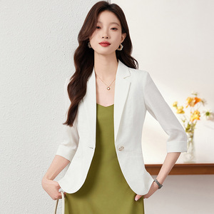 Women's Blazer Beige Three Quarter Sleeve Lightweight Solid Color Breathable Summer Style - Product Image 2