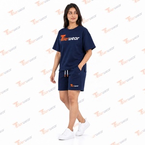 Women's Navy <b>2</b> <b>Piece</b> T Shirt and Shorts Set Short Sleeve Crew Neck Letter Print Casual <b>Summer</b> <b>Outfit</b> - Product Image 3