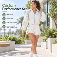 Ensemble de performance deux pièces personnalisé pour femme, veste à capuche et short en polyester color block, séchage rapide pour la randonnée et les sports de plein air