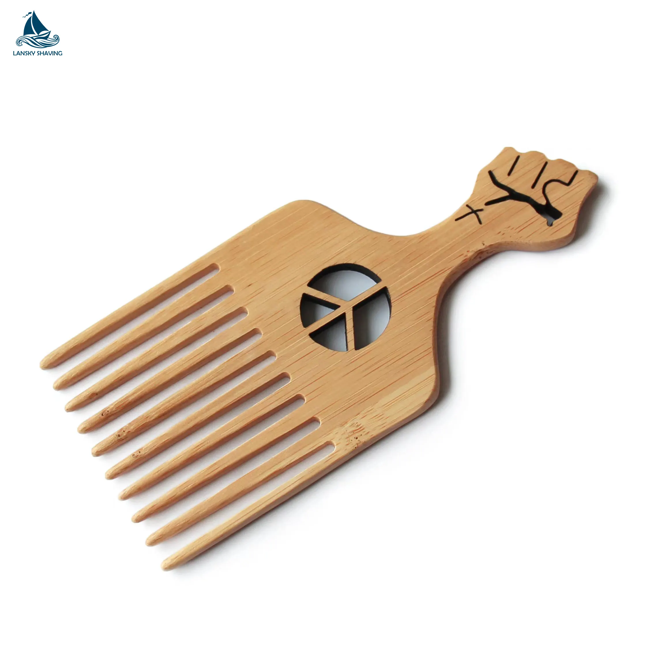 custom salon beard hair bamboo wooden wide tooth afro pick comb