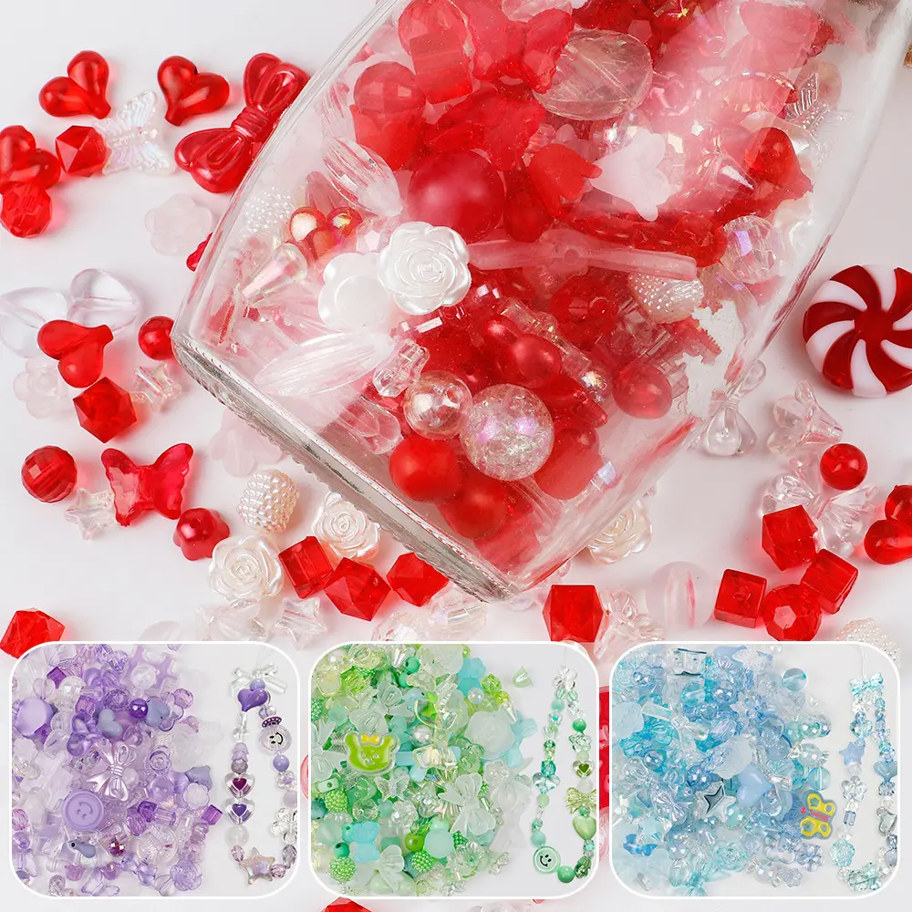Acrylic Assorted Beads Flower Heart Butterfly Candy Beads Pastel Loose Round Beads Bulk for Jewelry Making DIY Crafts