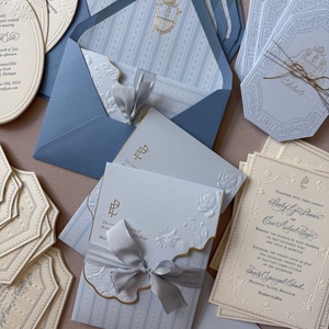Luxury <b>Wedding</b> Invitation Suite Custom Handmade Art Paper Greeting Card Blind Embossed Floral Design Coated Paper <b>Ribbon</b> <b>Wedding</b> - Product Image 4