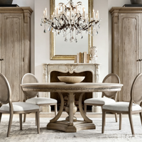 Ensemble de table à manger ronde en chêne massif de style campagnard français vintage, table et chaises rondes rétro américaines pour la maison