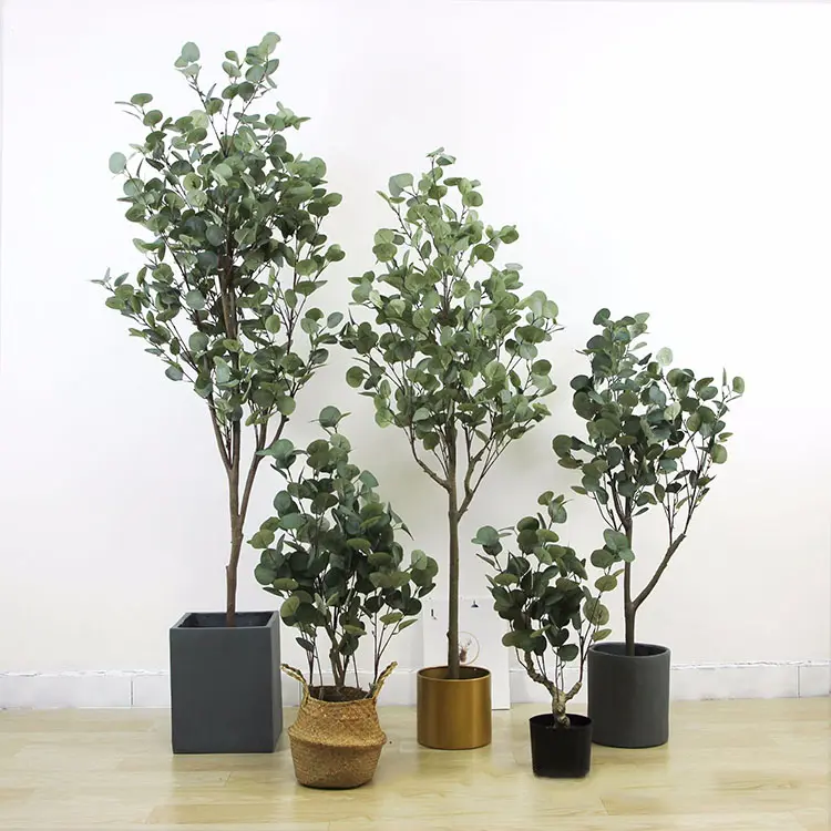 Decorazioni per interni personalizzate falso piccolo dollaro d'argento eucalipto bonsai finto albero nano in vaso albero di eucalipto artificiale in vendita