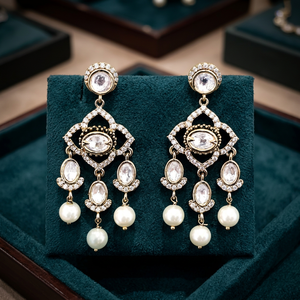 ซื้อต่างหูแบบคลาสสิก Kundan ประดับคริสตัลและเพชรเทียม ดีไซน์ทันสมัย ชุบนิกเกิลและปราศจากสารตะกั่ว สำหรับคนรักแฟชั่น ทางออนไลน์ - Product Image 3