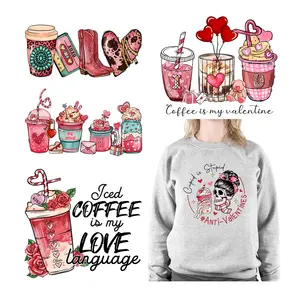 Wholesale Custom Valentine's Day Coffee Cup Designs Iron On Printable Love Coffee Drinks Press Heat Transfer Stickers For Cloth