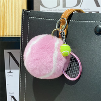 Pendentif de sac en fourrure de lapin véritable, peluche douce, motif balle de tennis, design raquette, ornement porte-clés de voiture
