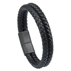 Double Layer black genuine leather bracelets & bangles men stainless steel magnetic clasp jewelry leather cuff bangle bracelet