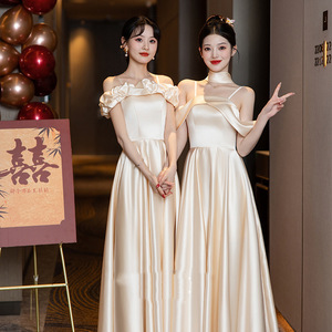 Satin Bridesmaid Dresses Champagne Color A-Line Scoop Neck Natural Waistline Simple Style For Wedding Party - Product Image 1
