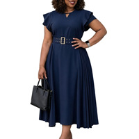 Robe midi plissée à manches volantées avec ceinture et col en V pour le bureau, vente en gros, marque privée personnalisée, OEM