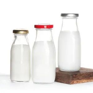 In Stock 8oz 12oz 14oz 32oz Clear Transparent Milk Packaging Glass Milk Bottle For Drinking With Metal Lid