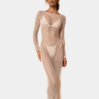 Strandkleding Mouwloze Knie Maxi Lengte Gebreide Doorschijnende Mesh Gehaakte Bikini Badpak Bedekken