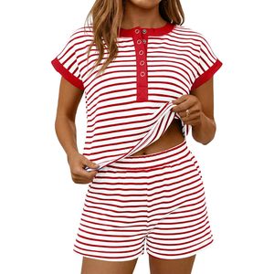 Fisoew Womens Striped 2 Piece Outfits Shorts <b>Set</b> Casual Button Henley Top Loose Breathable Spring Summer Matched Lounge <b>Set</b> - Product Image 1