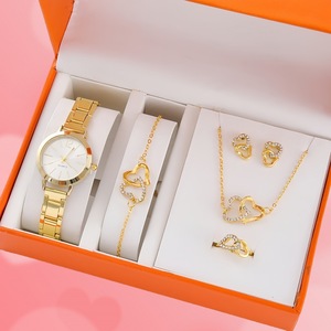 Stock Wholesale Gold Silver Rose Gold Zinc Alloy Trendy Women's Watch Heart Bracelet Necklace Ring Earring Party Gifts Jewelry