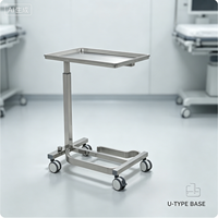 Chariot à instruments chirurgicaux en acier inoxydable 304, réglable en hauteur, avec base en U et roulettes verrouillables pour hôpital