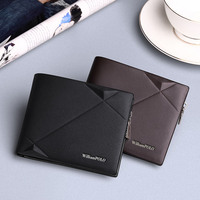 Dompet Lipat Pria Anti RFID, Resleting Pendek, Kulit Sapi, Poliester, Hitam, Motif Logo, Kualitas Tinggi