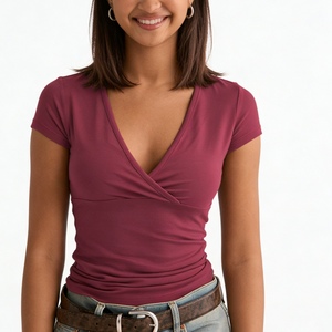 เสื้อคอวีแบบพันด้านหน้าสำหรับผู้หญิง - เสื้อยืดแขนสั้นทรงรัดรูปแฟชั่น - Product Image 4