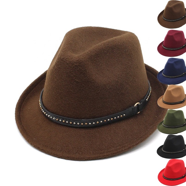 Wholesale Vintage Short Brim Fedora Hat Roll-up Sombrero Men's Jazz Trilby Felt Classic Trilby Belt Pork Pie Hat for Parties
